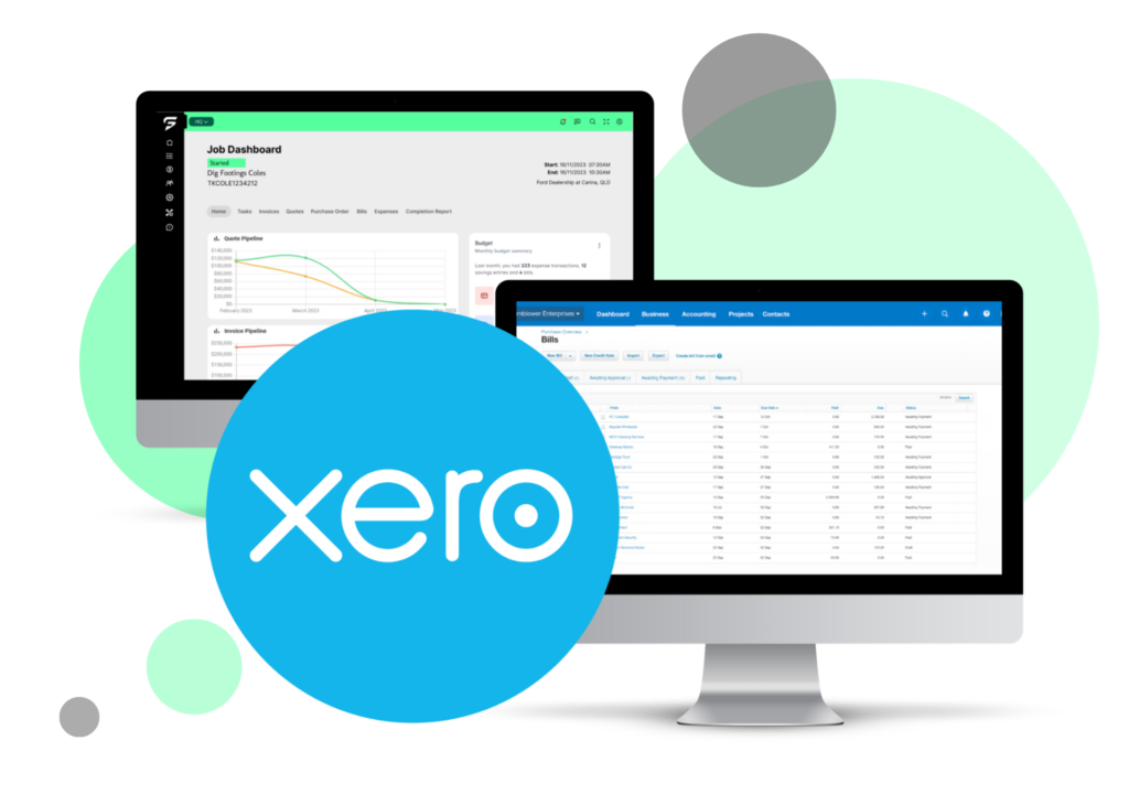 Two screens, one with a FieldStream page and the other with a Xero page, with the Xero logo inset.